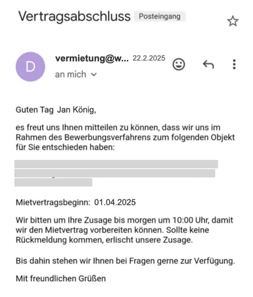 Bearbeitung einer Zusage-Email für eine Wohnung zur Visualisierung